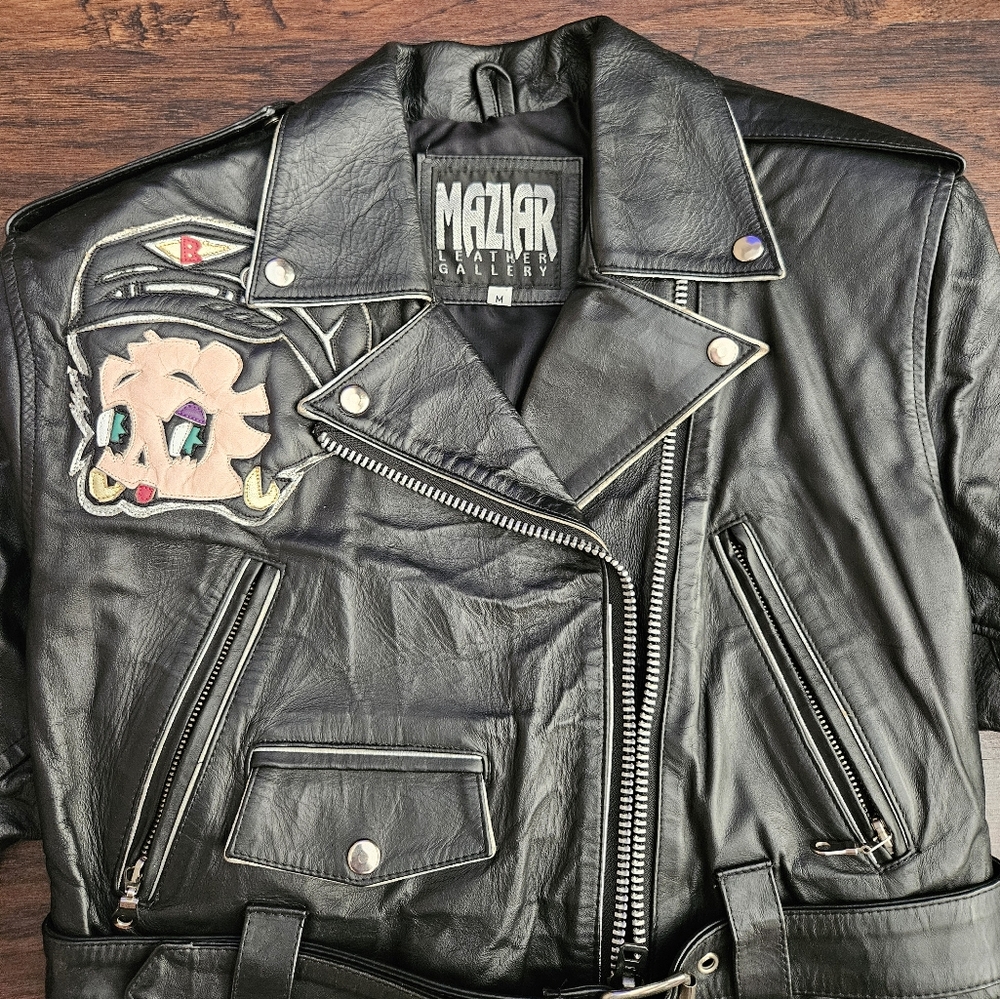 Vintage Black Leather Motorcycle Jacket Medium Betty Boop 90s 80s Black Leather